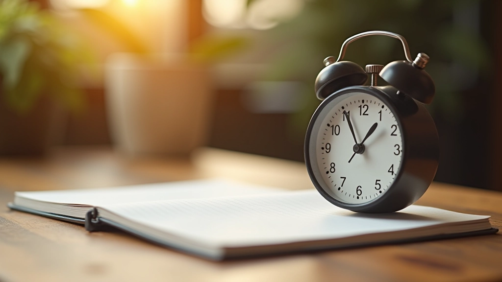 Stoppuhr und Notizbuch auf Holztisch, Timer-Symbol, Zeitmanagement-Konzept, warmes Licht