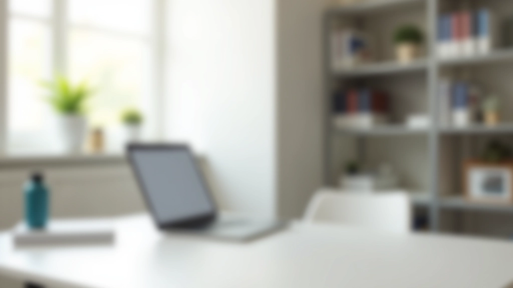 Schreibtisch ohne Unordnung, nur Laptop und Wasser, heller Raum mit minimalistischer Einrichtung