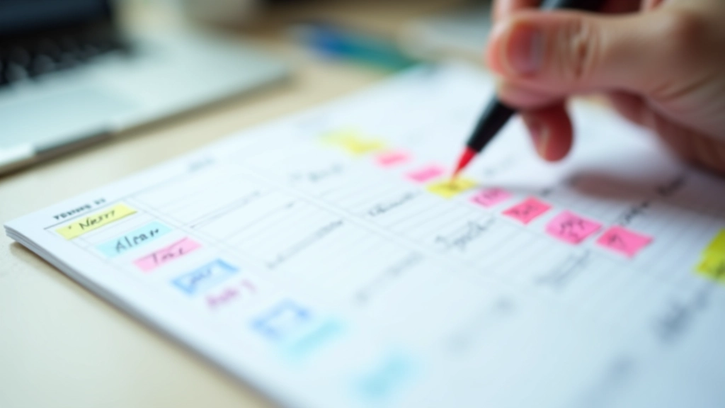 Farbiger Wochenplan mit markierten Zeitblöcken in verschiedenen Farben, Stift daneben