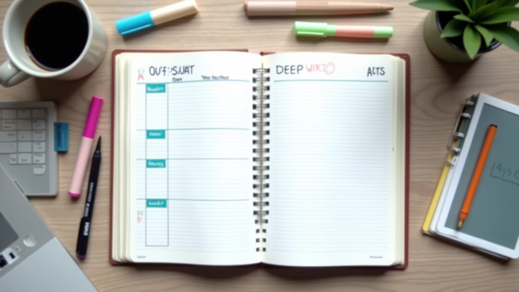 Geöffnetes Notizbuch mit strukturiertem Wochenplan und farblichen Markierungen für verschiedene Arbeitstypen