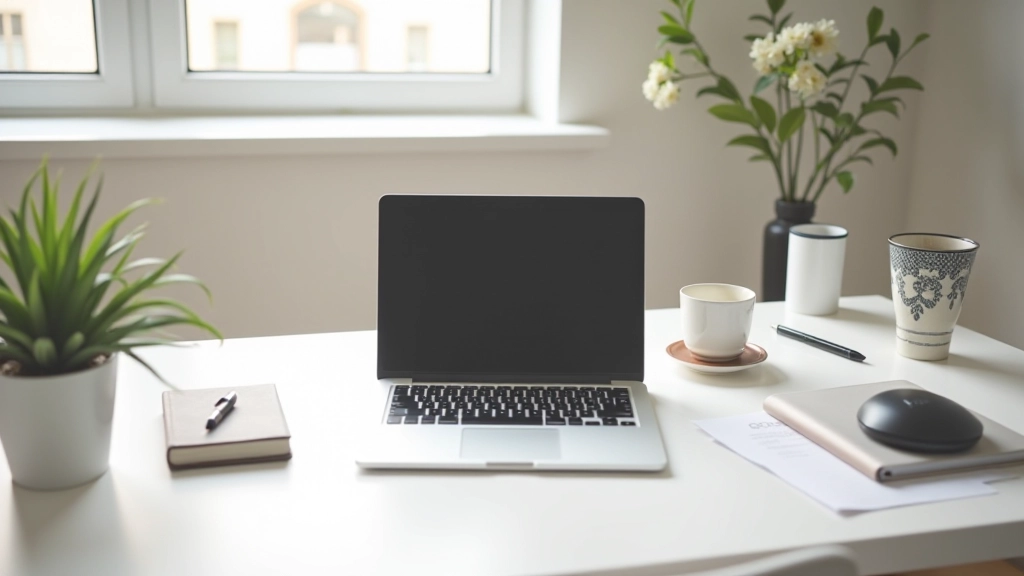 Minimalistischer Schreibtisch mit Laptop, nur notwendigen Objekten, klare Linien, helles Licht von oben, ruhige Atmosphäre