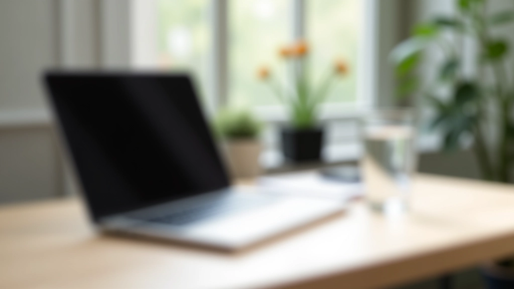 Aufgeräumter Arbeitsplatz mit minimaler Einrichtung, nur Essentielles sichtbar, ruhige Atmosphäre