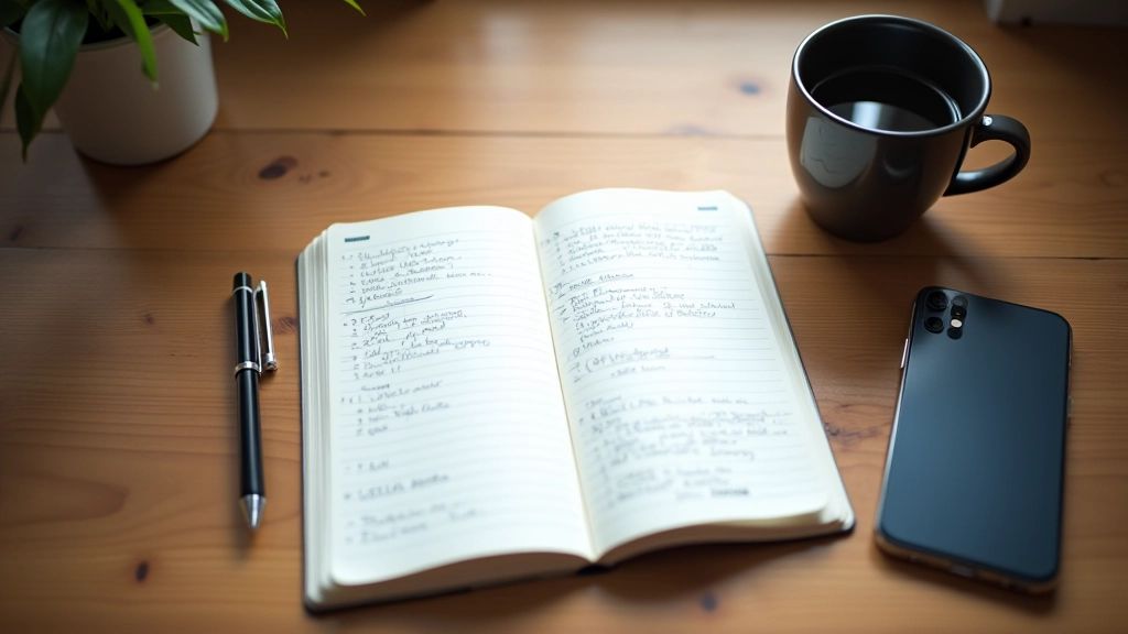 Offenes Notizbuch auf Schreibtisch mit handschriftlichen Notizen, Kaffeetasse und Smartphone in Nahaufnahme
