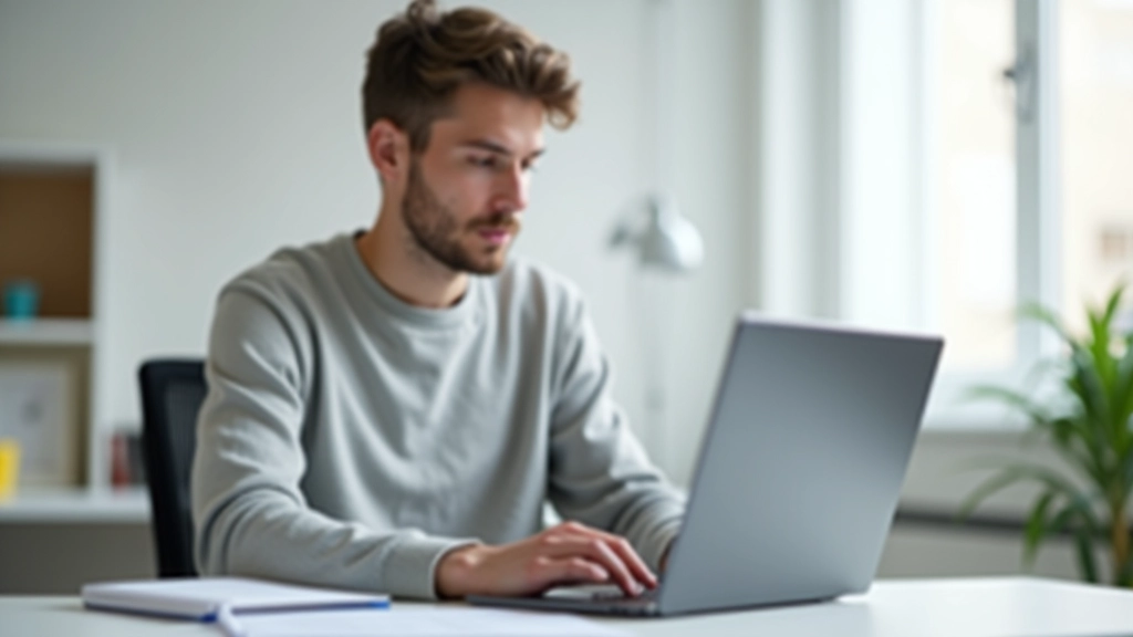Person konzentriert am Schreibtisch, arbeitet an Laptop ohne Ablenkungen, entspannter Gesichtsausdruck