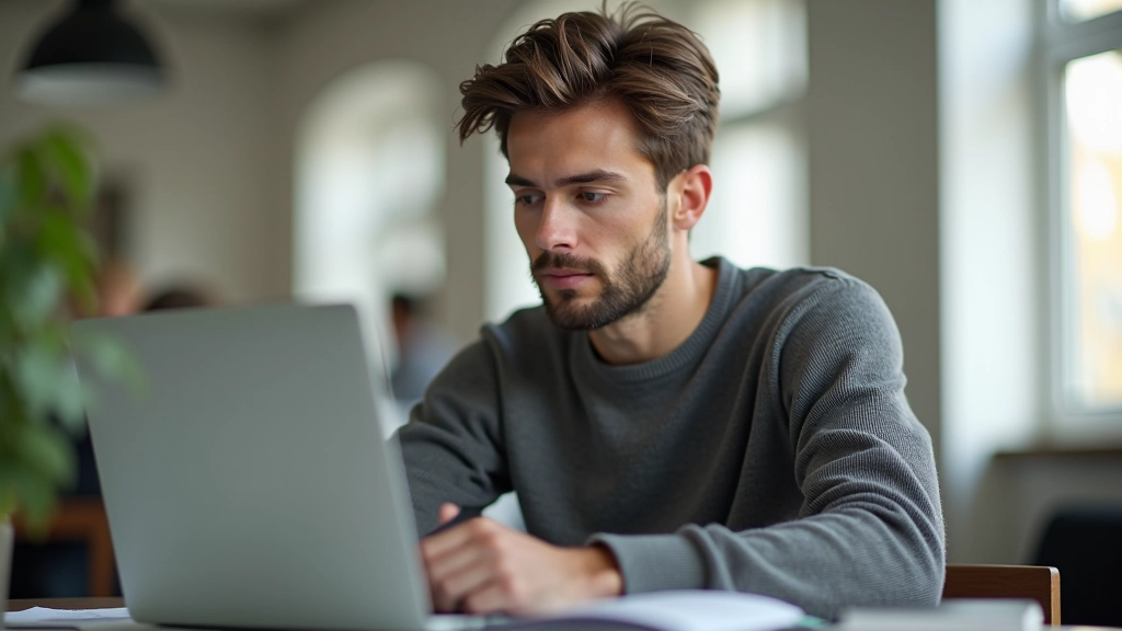 Person sitzt fokussiert am Laptop-Bildschirm mit Notizbuch daneben, grüner Pflanze im Hintergrund
