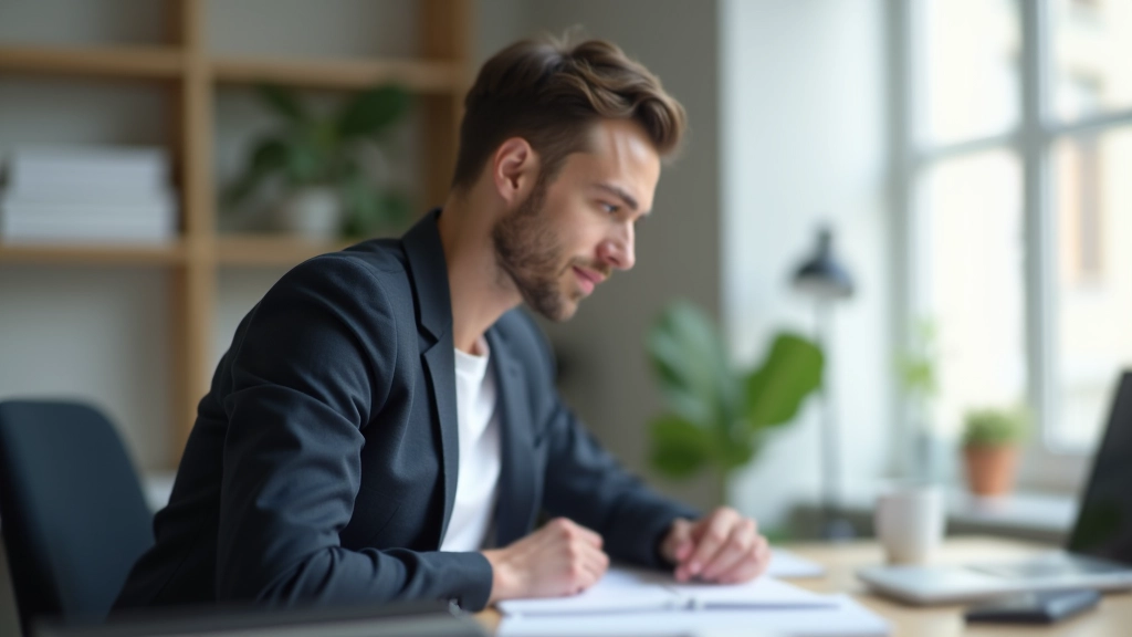 Person an Schreibtisch, konzentriert auf Arbeit, minimalistischer Arbeitsplatz mit wenig Ablenkung, Fokus und Ruhe