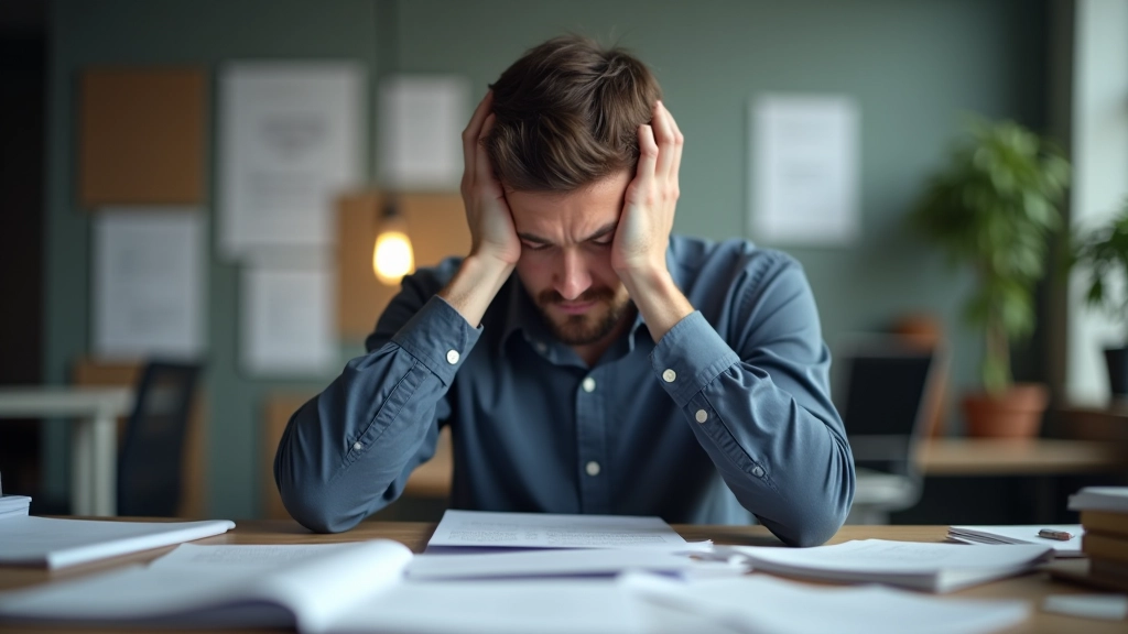 Gestresste Person am Schreibtisch mit vielen Notizen, chaotischer Arbeitsplatz, ständige Unterbrechungen, unorganisiert, überfordert