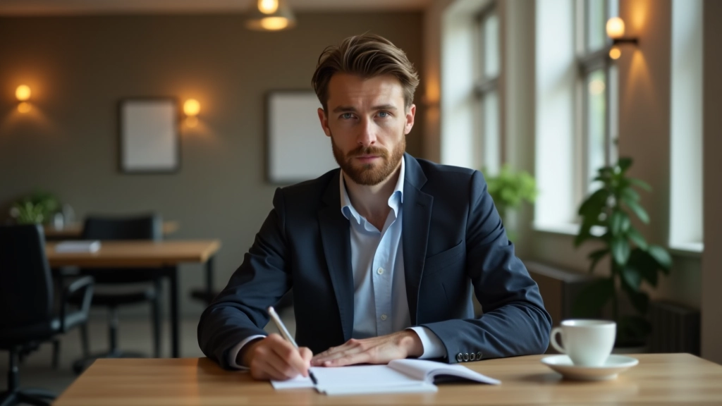 Person sitzt konzentriert am Schreibtisch mit Notizbuch und Kaffee, minimalistisches Büro mit natürlichem Licht