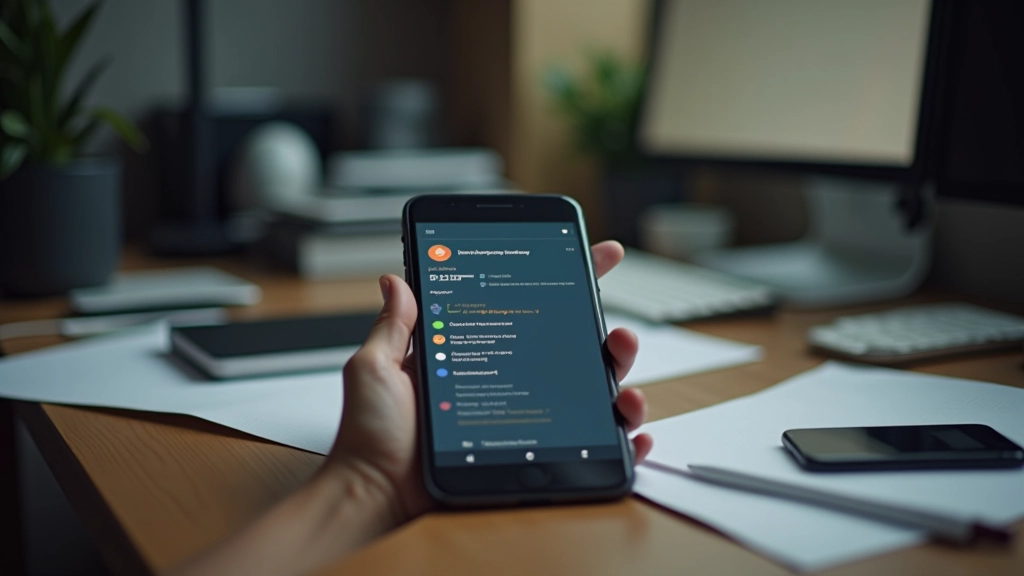 Handy mit Benachrichtigungen auf Schreibtisch, ablenkende Geräte, unorganisierter Arbeitsbereich
