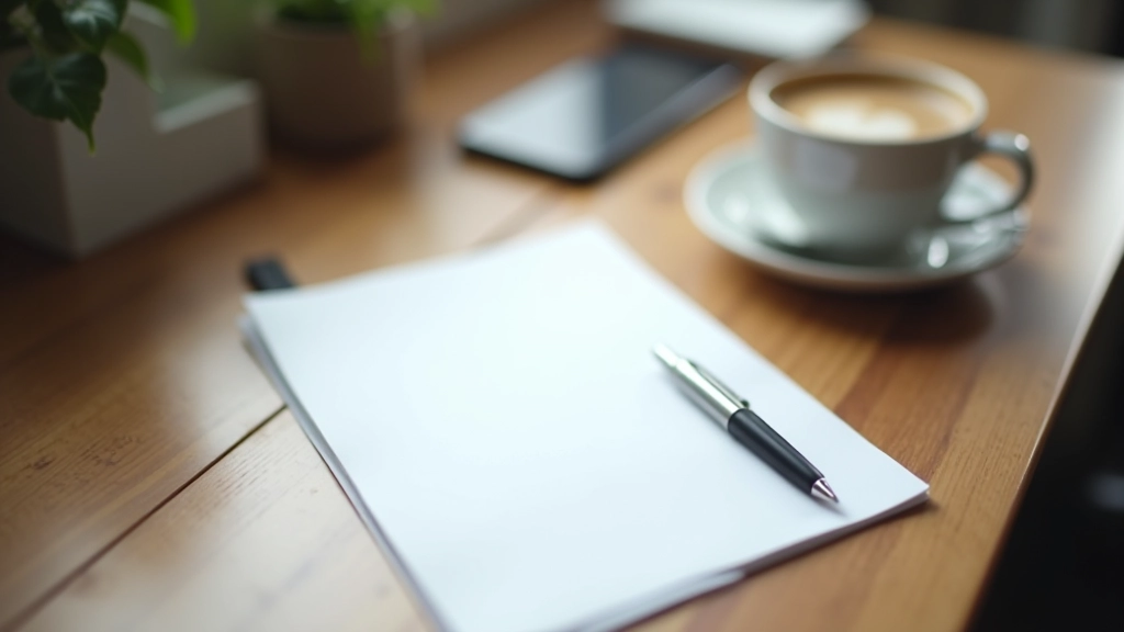 Tisch mit Zeitmanagement-Tools, Notizbuch, Stift, Handy im Flugzeugmodus, minimale Ablenkungen, strukturierter Arbeitsplatz